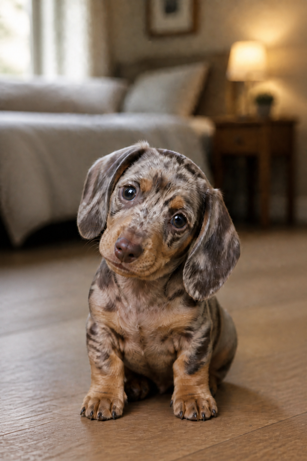 Filhote Dachshund arlequim com a cabeçinha inclinada